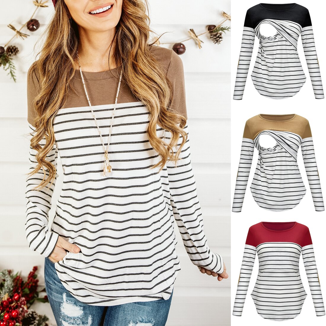 Casual Womens Pregnant Maternity Clothes Nursing Tops Breastfeeding T-Shirt Pregnancy Maternity Breastfeeding Striped